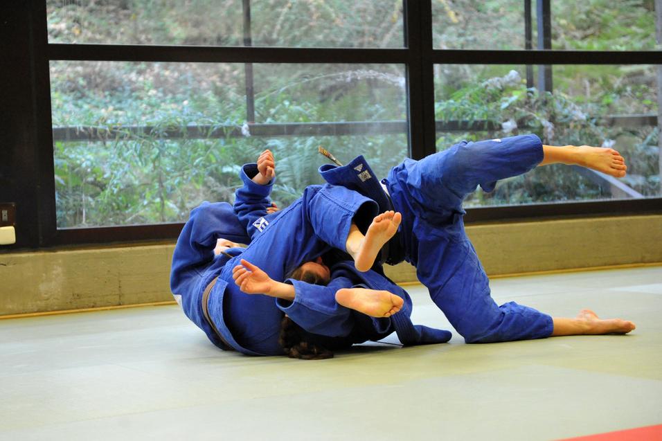 Zwei Judoka in blauer Judokleidung üben einen Bodenkampf auf einer tatami in einem lichtdurchfluteten Raum.